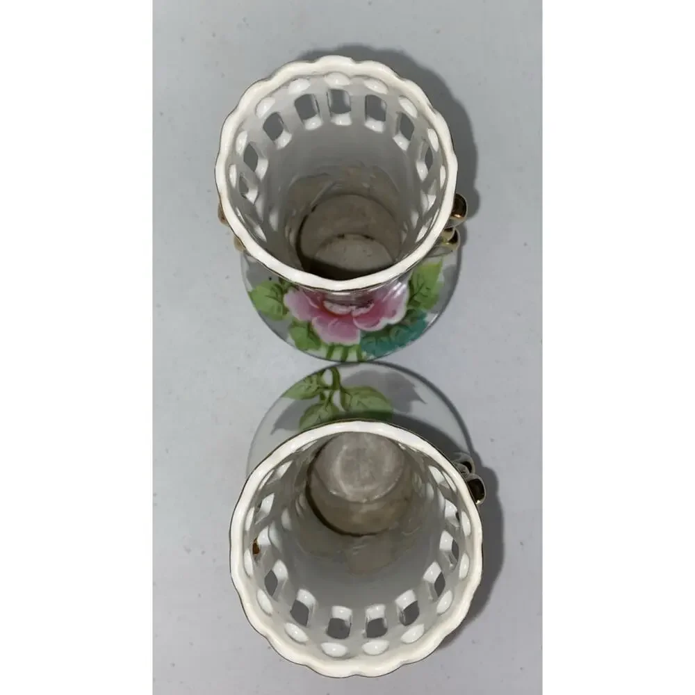 VTG Double Handled Floral Vase 9” Set Of 2‎ Hand Painted Made In Occupied Japan